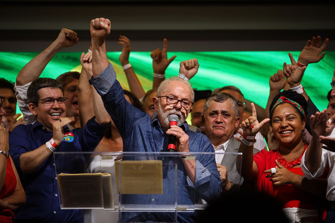 Luiz Inacio Lula da Silva speaks after the election results were announced on Sunday.