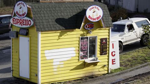 A customer drives into a Grab-N-Go Bikini Hut espresso stand on February 2, 2010, in Everett, Washington.