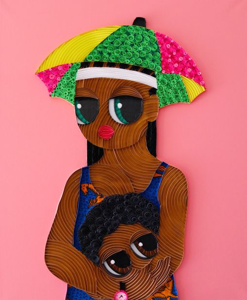 Nigerian artist Ayobola Kekere-Ekun uses a technique known as paper quilling. She rolls and glues together colored paper, ribbons and strips of canvas to create her work. <em>She and I, the Protectors.</em>