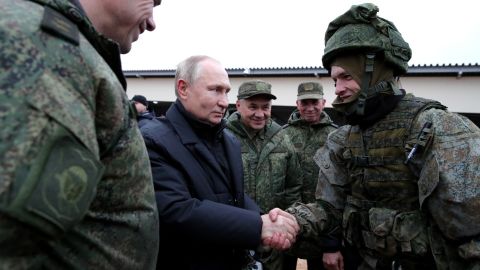 Russian President Vladimir Putin inspects a training ground in the Ryazan region earlier in October for recruits who were summoned into military service under the now-suspended "partial mobilization."