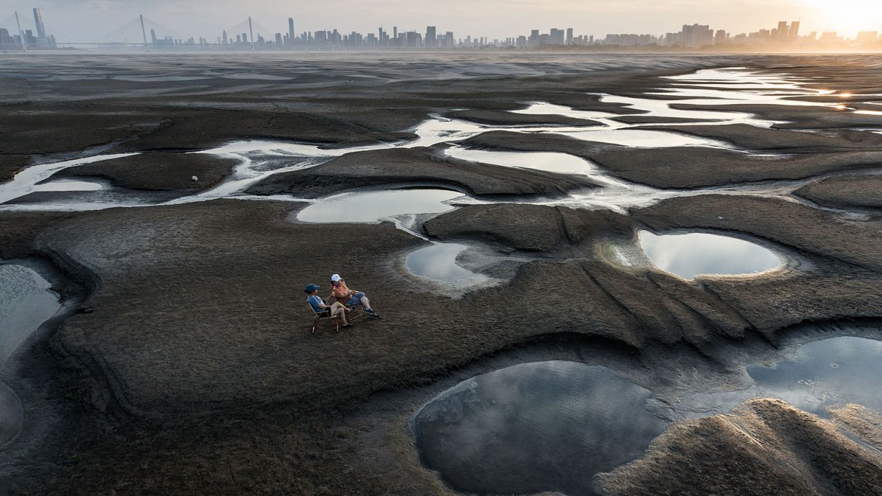 The parched bed of the Yangtze River in Wuhan, China. 