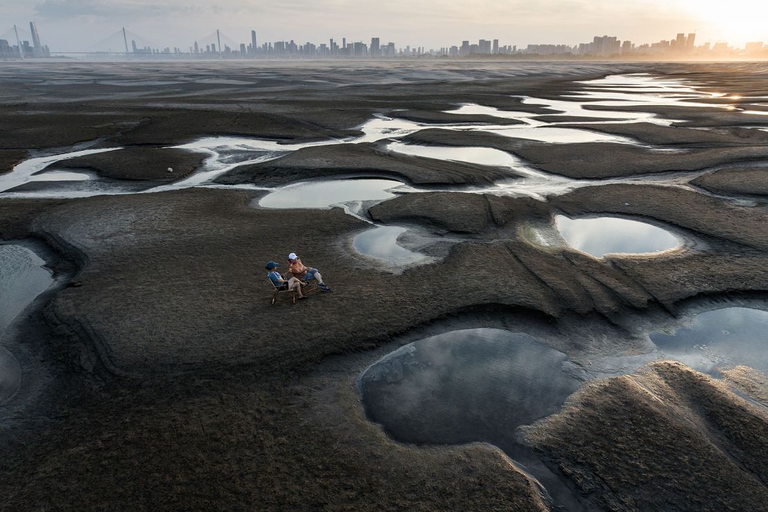 The parched bed of the Yangtze River in Wuhan, China. 