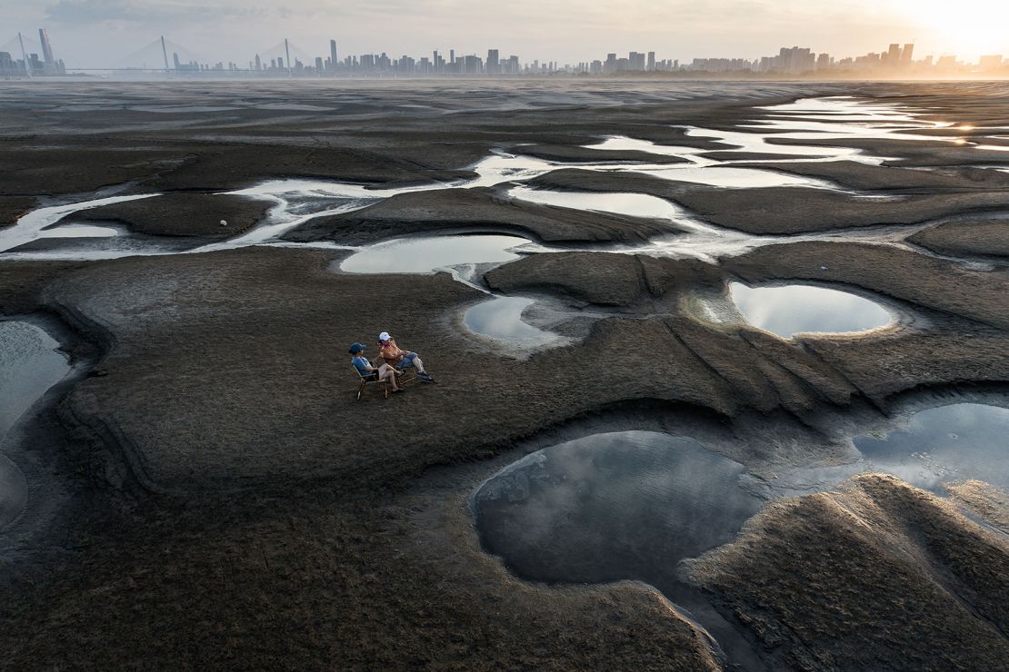 The parched bed of the Yangtze River in Wuhan, China.