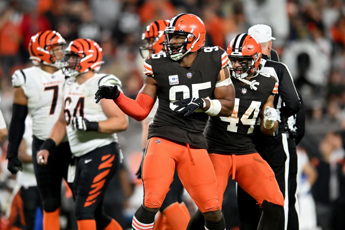 Garrett celebrates after making a defensive play during the second half of the game against the Bengals.