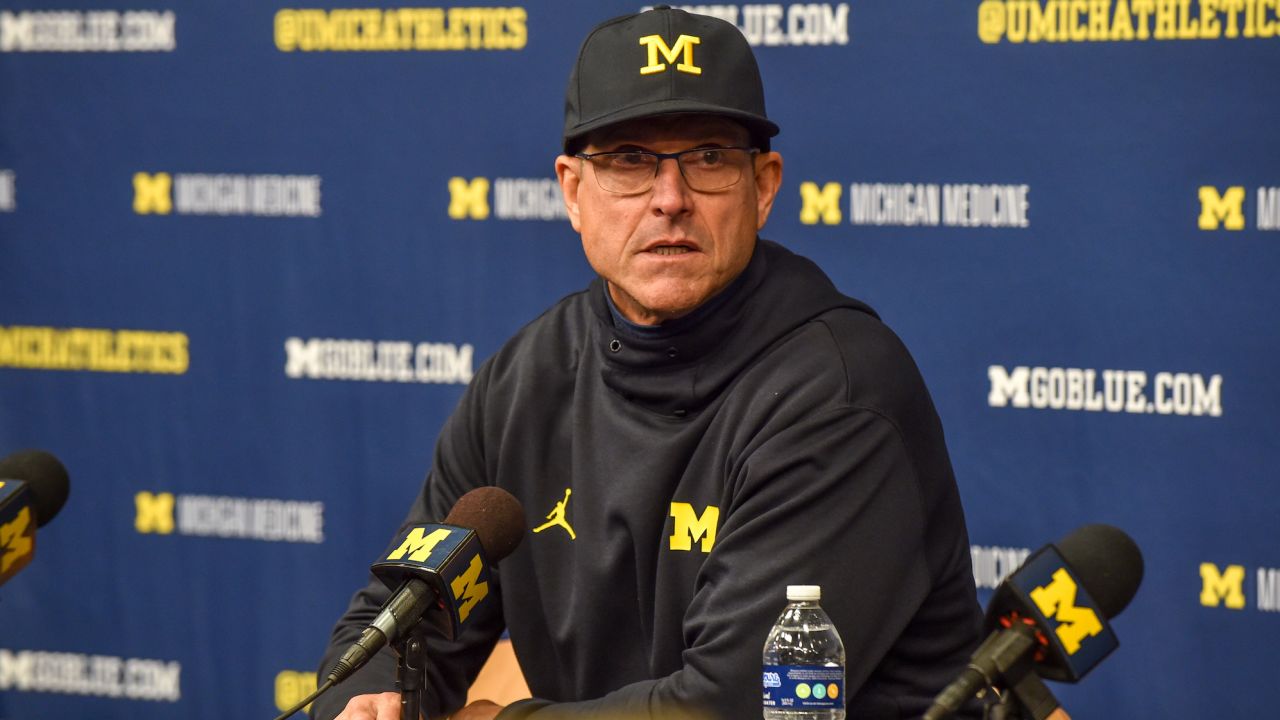 Jim Harbaugh during a press conference after the game.