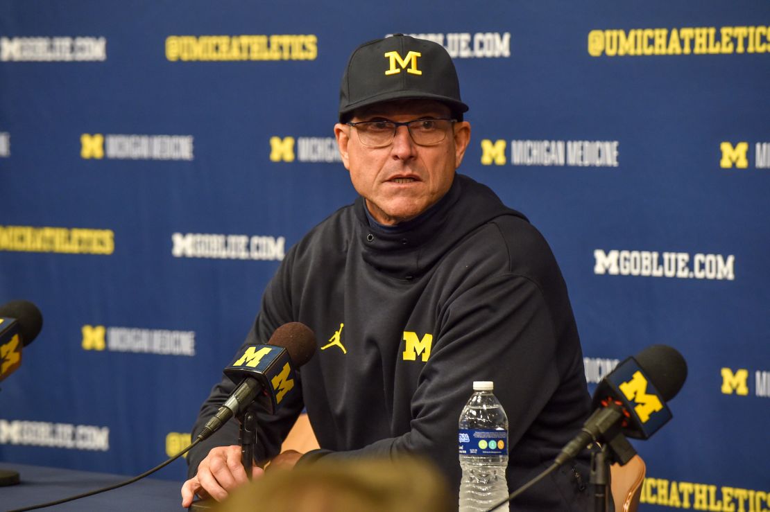 Jim Harbaugh during a press conference after the game.
