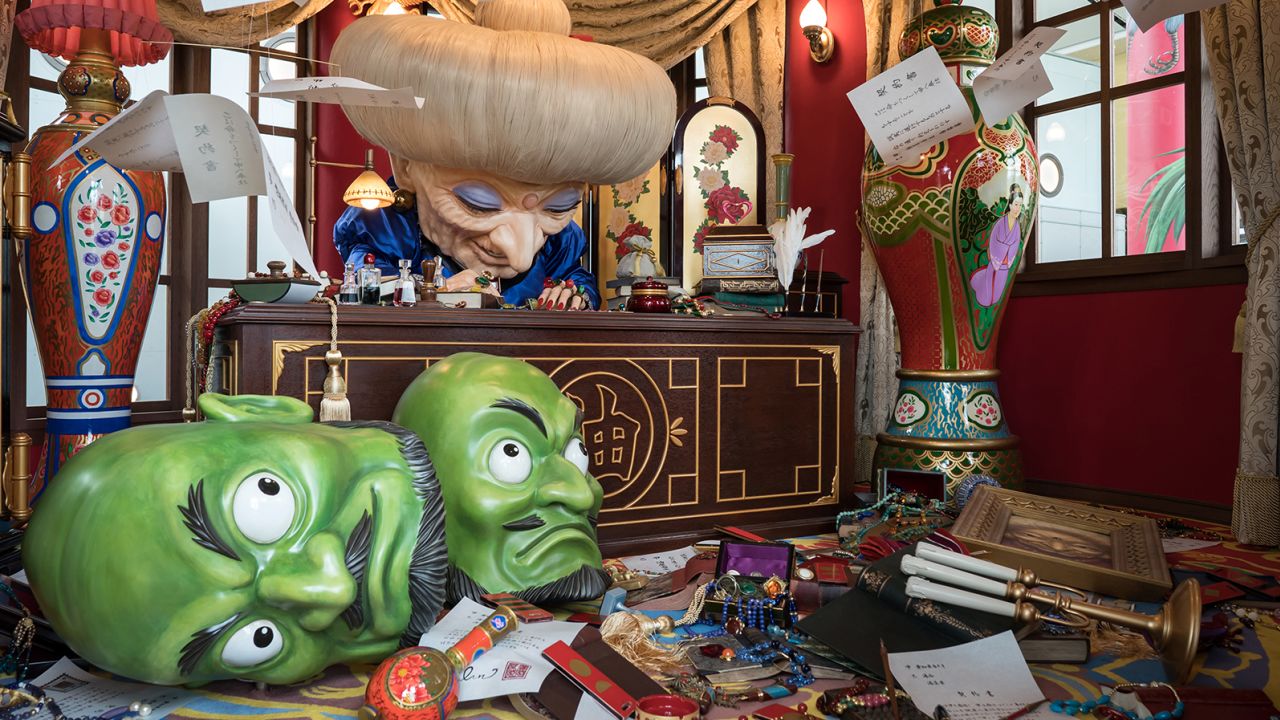 Visitors can find Yubaba -- a powerful witch -- and Kashira -- the green 'heads' -- from the film 'Spirited Away' in Ghibli Park's Grand Warehouse area.