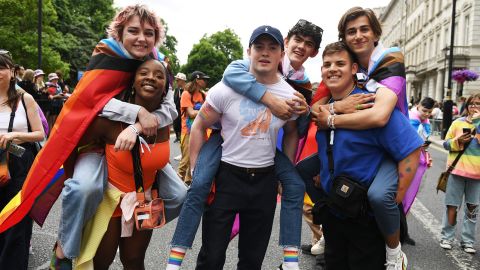 (From left) The cast of "Heartstopper" — Kizzy Edgell, Corinna Brown, Kit Connor, Joe Locke, Tobie Donovan and Sebastian Croft — attend London Pride on July 2.