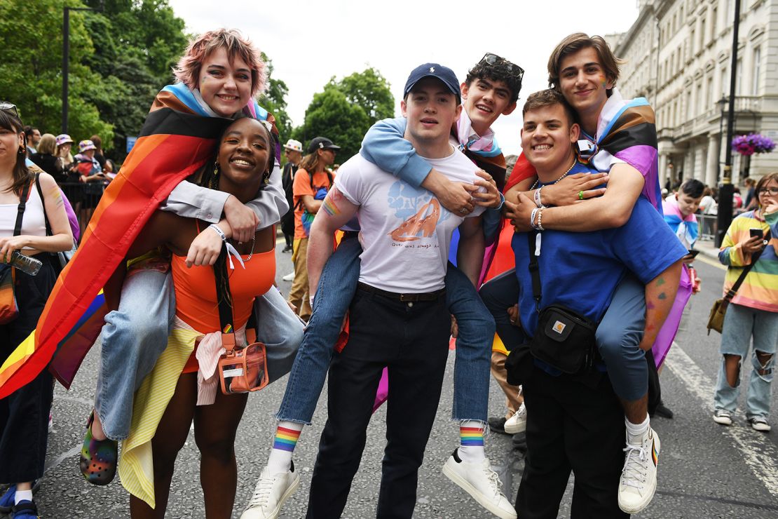 (From left) The cast of "Heartstopper" — Kizzy Edgell, Corinna Brown, Kit Connor, Joe Locke, Tobie Donovan and Sebastian Croft — attend London Pride on July 2.