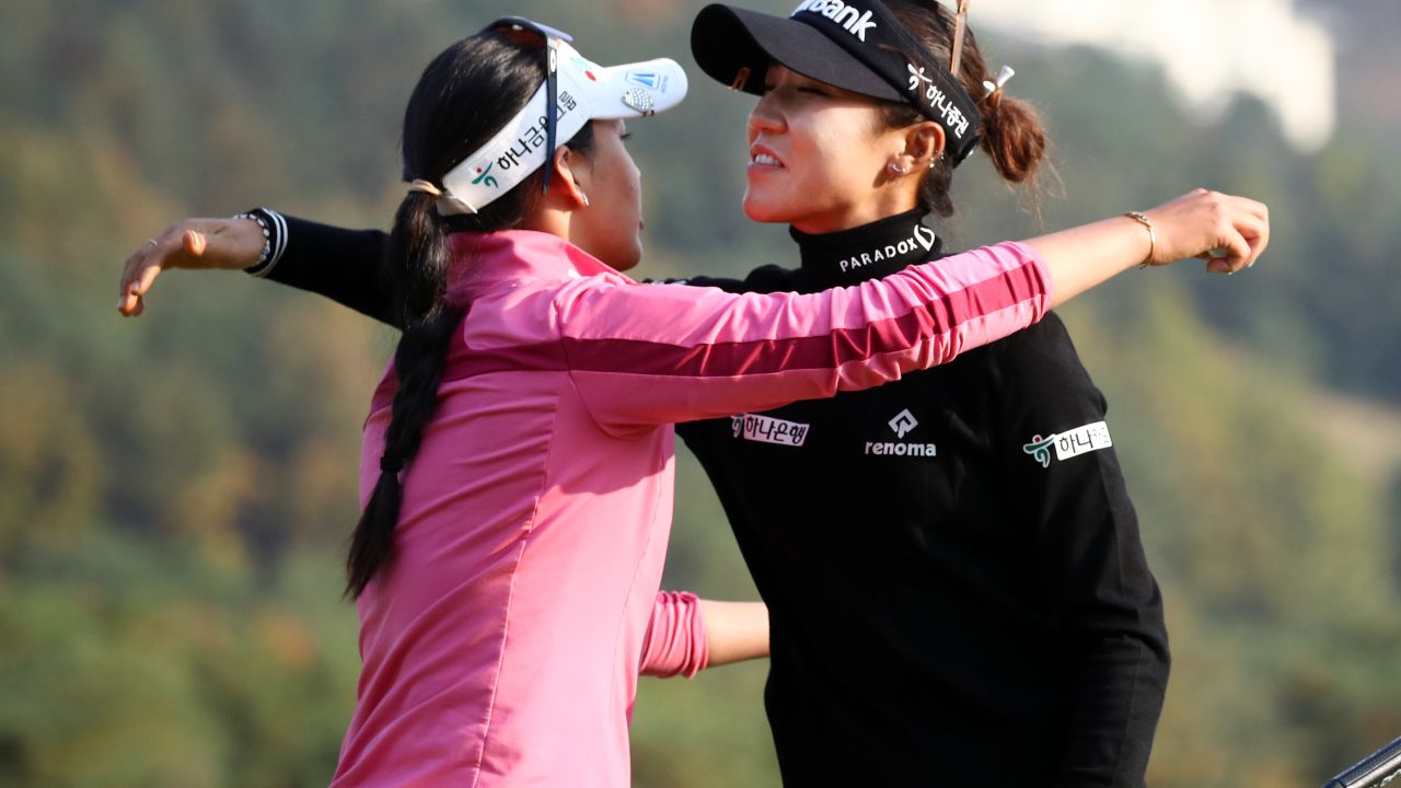 Ko is congratulated by Thitikul after winning the BMW Championship last month.