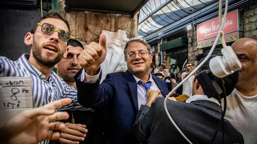 Itamar Ben-Gvir leader of the ultra nationalist far right party Otzma Yehudit, with supporters during a visit to the Mahane Yehuda open Market in Jerusalem.