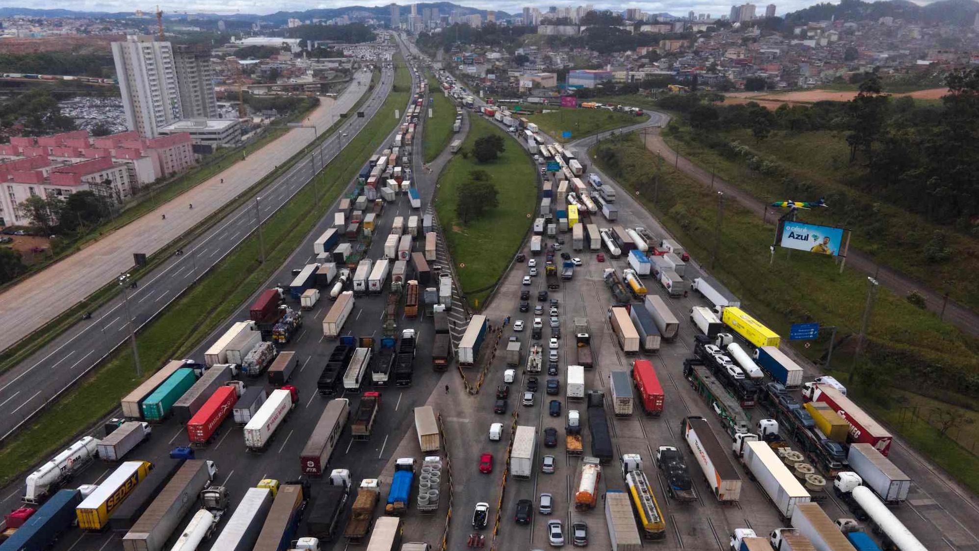 Aerial view showing supporters of President Jair Bolsonaro, mainly truck drivers, blocking Castelo Branco Highway, on the outskirts of Sao Paulo, Brazil.