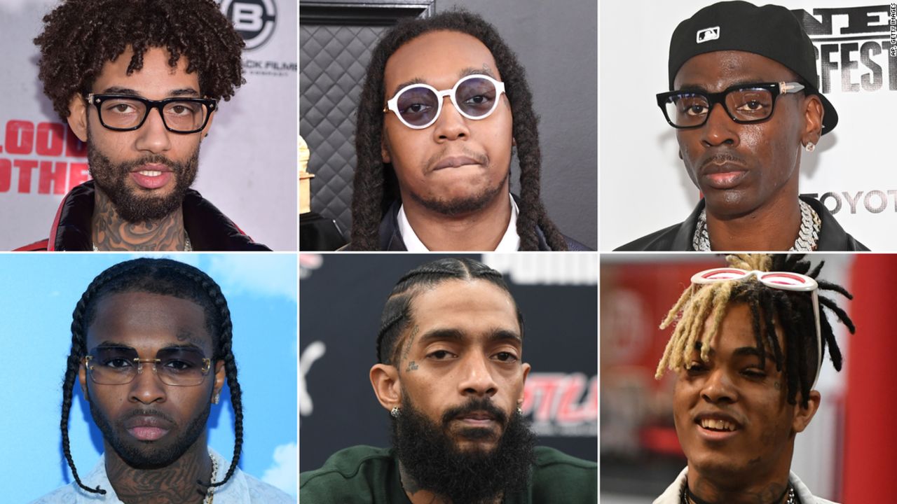 From top left, PnB Rock, Takeoff and Young Dolph. From bottom left, Pop Smoke, Nipsey Hussle, and XXXTentacion.