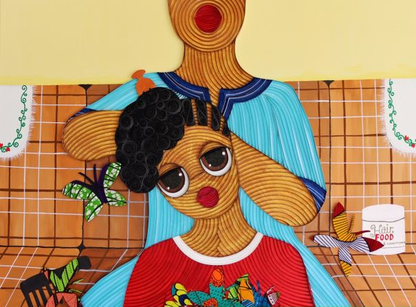 Motherhood is also a central part of Kekere-Ekun's work, with much of her work based on her relationship with her own mother. <em>Gbórí dúró (Keep your head still).</em>