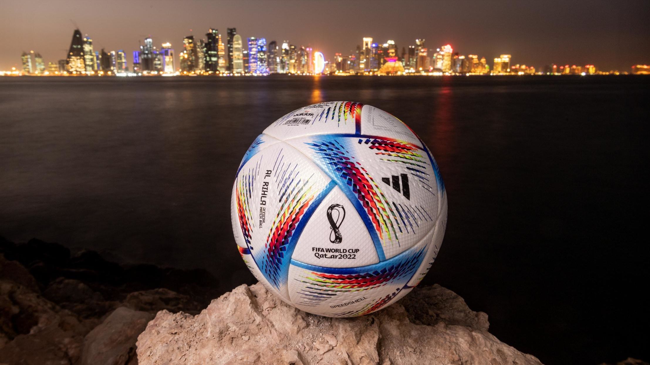 The official FIFA World Cup Qatar 2022 ball sits on display in front of the Doha skyline ahead of the World Cup draw on March 31.