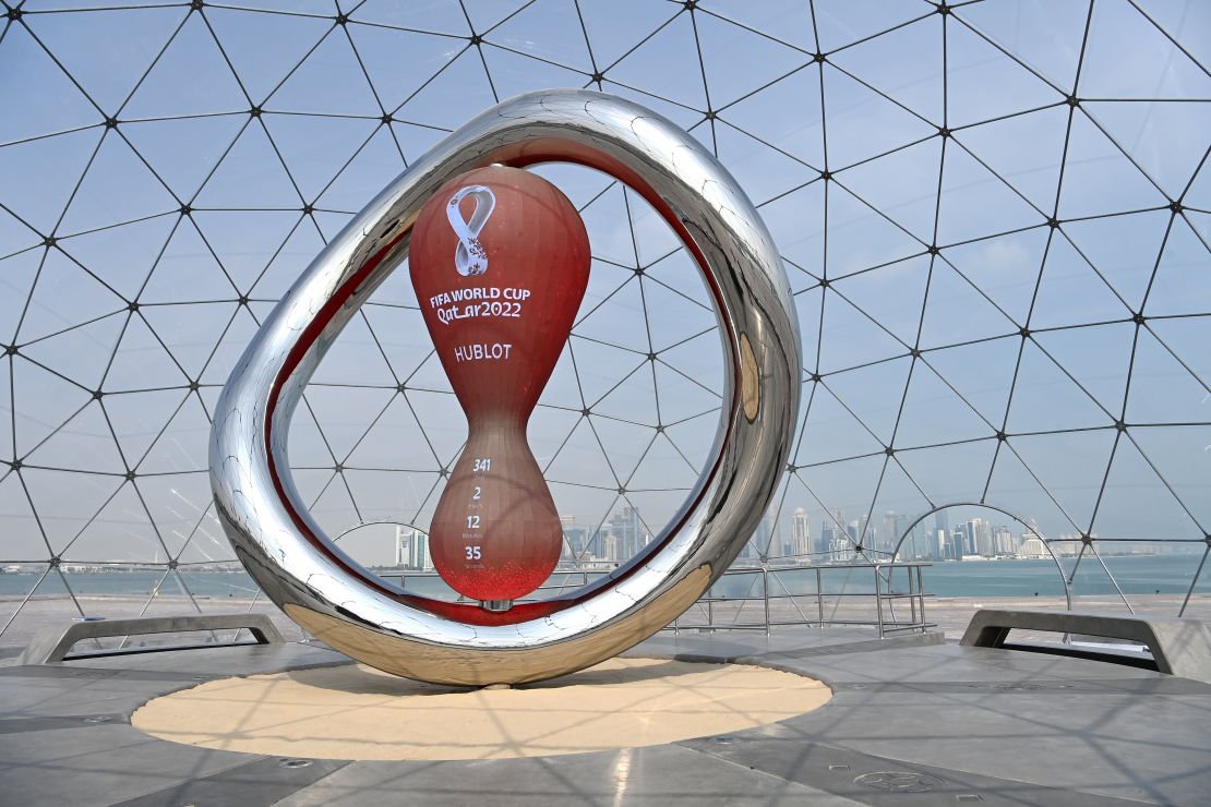 The countdown clock for the World Cup during the FIFA Arab Cup Qatar on December 15, 2021 in Doha.