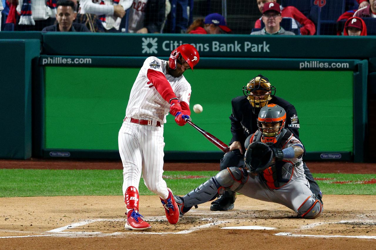 Bryce Harper crushes a breaking ball to give the Phillies a 2-0 lead in the first inning of Game 3. It was the sixth home run of the postseason for Harper, who was named MVP of the National League Championship Series.