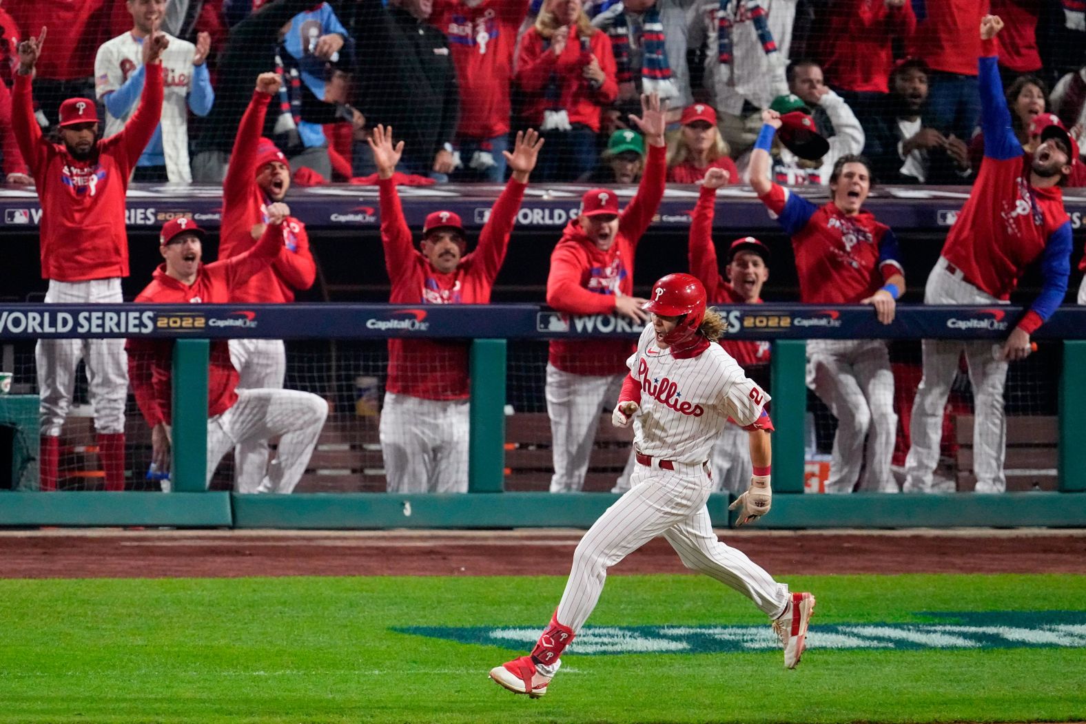 Philadelphia's Alec Bohm rounds the bases after hitting a solo home run in Game 3 of the World Series on Tuesday, November 1. The Phillies hit five home runs in the game, tying a World Series record, and they won 7-0 to take a 2-1 series lead over the Houston Astros.