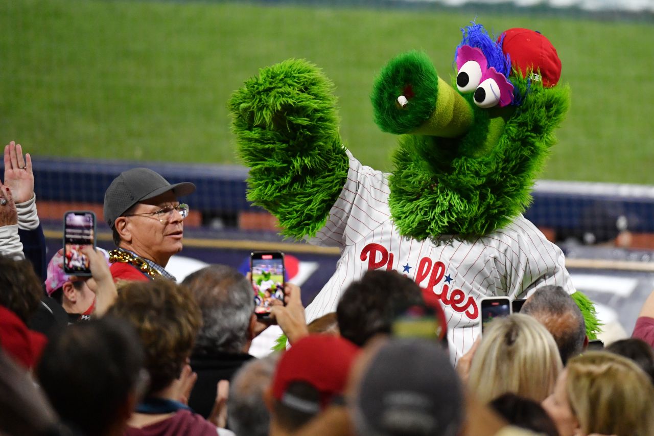 The Phillie Phanatic entertains fans on Tuesday night.