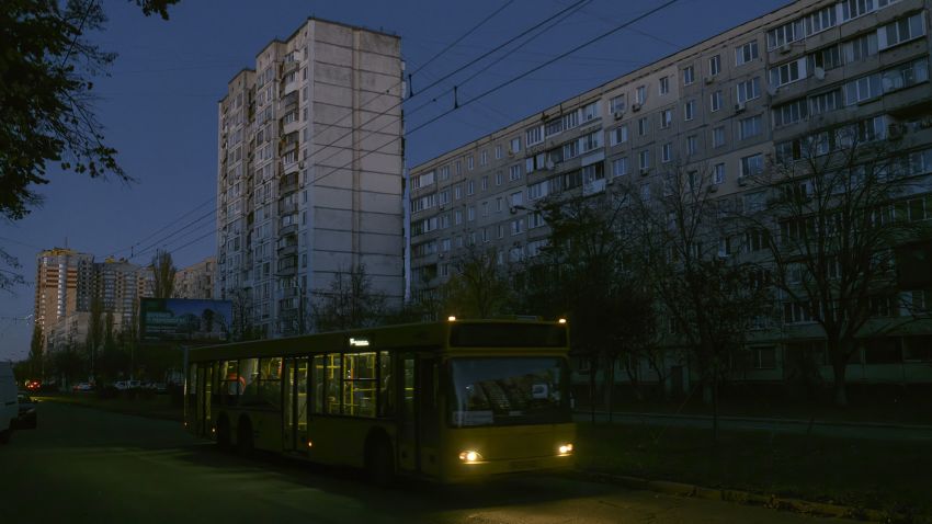 Unilluminated street and residential blocks during a blackout after a Russian missile attack on Ukrainian power infrastructure in Kyiv, Ukraine, October 31, 2022 (Photo by Maxym Marusenko/NurPhoto)NO USE FRANCE
