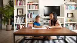 Mother assisting son in doing homework while sitting at home - stock photo USA, New York State