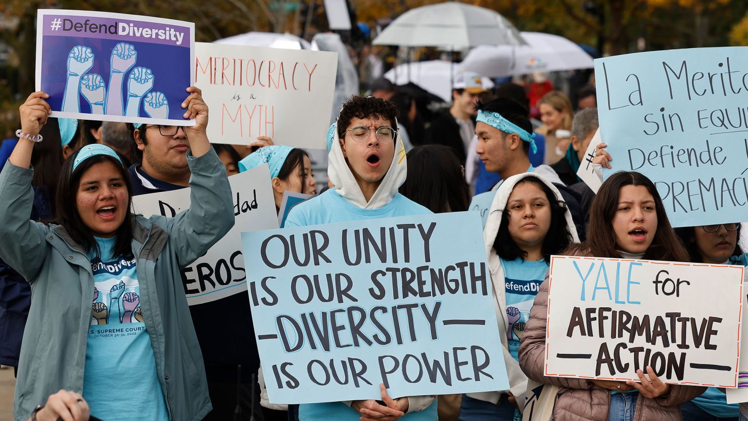 Supporters of affirmative action in higher education rally in front of the US Supreme Court as the justices hear arguments in cases at Harvard University and the University of North Carolina.