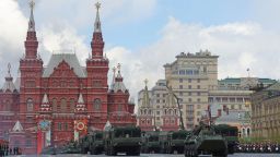 A Russian BTR-82A armoured personnel carrier, Iskander-M missile launchers and MSTA-S self-propelled howitzers drive in Red Square during a parade on Victory Day in central Moscow, Russia May 9, 2022.