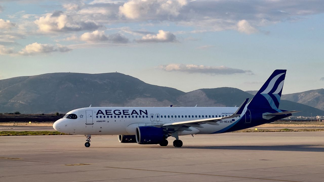 An Aegean Airlines Airbus A320 on the tarmac at Athens International Airport in October 2022.
