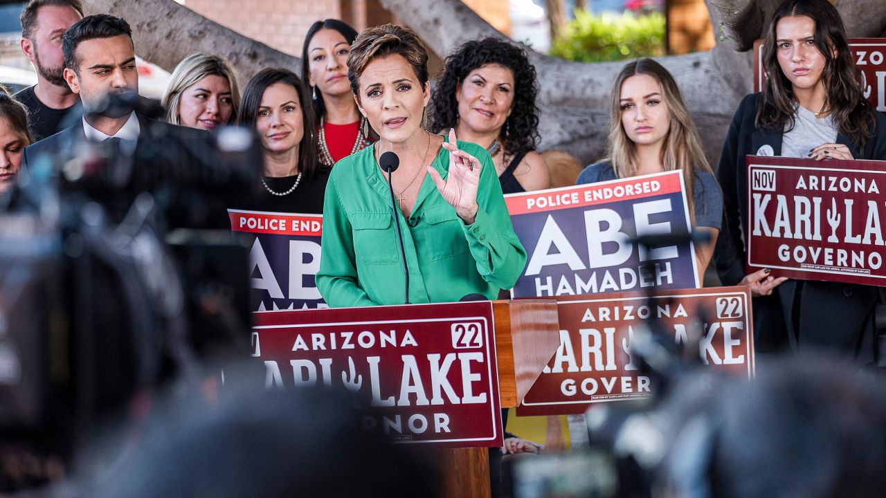 Kari Lake holds a press conference in front of her campaign headquarters in Phoenix, Arizona, on October 27, 2022.