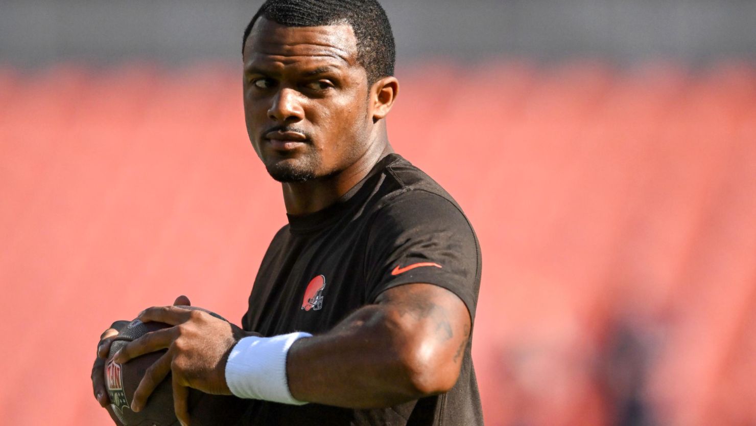 Deshaun Watson warms up prior to a preseason game between the Cleveland Browns and the Chicago Bears at FirstEnergy Stadium on August 27, 2022 in Cleveland, Ohio.