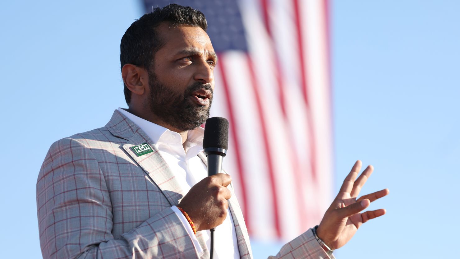 Former Chief of Staff to the Department of Defense Kash Patel speaks during a campaign rally at Minden-Tahoe Airport on October 08, 2022 in Minden, Nevada.