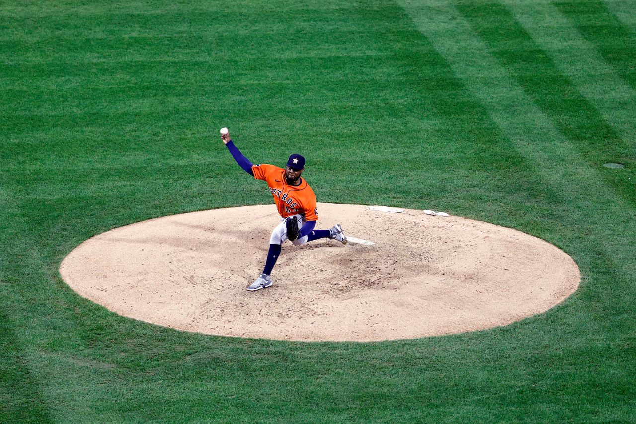 Houston's Cristian Javier pitches during Game 4. He pitched six no-hit innings before being relieved by Bryan Abreu.