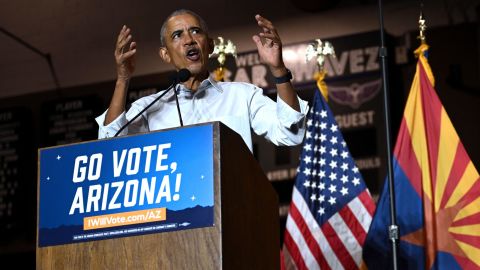Former US President Barack Obama speaks during a campaign event in Phoenix, Arizona, on November 2, 2022. 