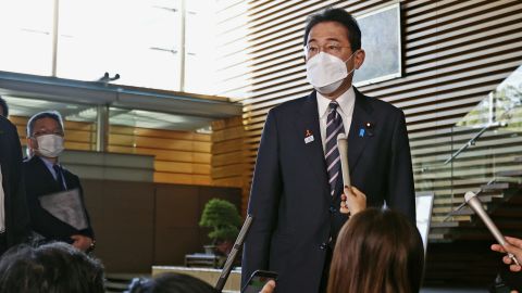Japanese Prime Minister Fumio Kishida speaks to the media in Tokyo following North Korea's weapons tests. on Thursday.