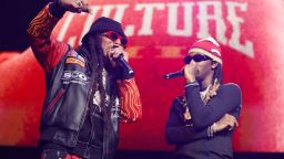 NEWARK, NEW JERSEY - NOVEMBER 21: Takeoff and Offset perform onstage during Power 105.1's Powerhouse 2021 at Prudential Center on November 21, 2021 in Newark, New Jersey. (Photo by Johnny Nunez/WireImage)