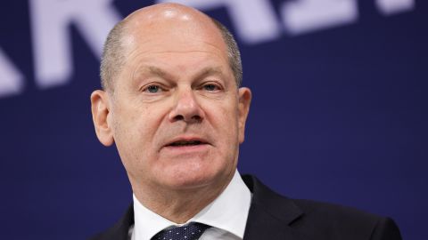 German Chancellor Olaf Scholz speaking at an international conference for the reconstruction in Ukraine on Oct. 25, 2022 in Berlin. 