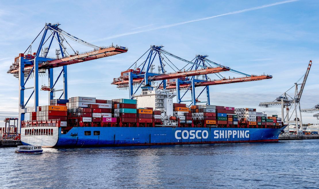 A container ship from Cosco Shipping moored at the Tollerort Container Terminal owned by HHLA, in the harbor of Hamburg, Germany on Oct. 26.