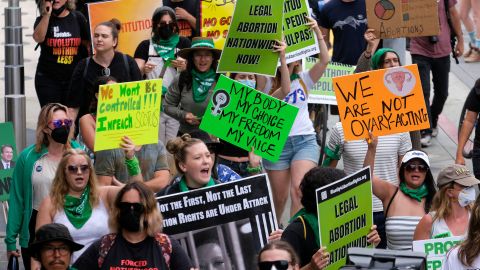 Abortion rights activists demonstrate in support of women's rights on July 16, 2022, in Santa Monica, California. 