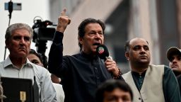 Pakistan's former Prime Minister Imran Khan (center) addresses his supporters during an anti-government march towards capital Islamabad, demanding early elections, in Gujranwala on November 1.