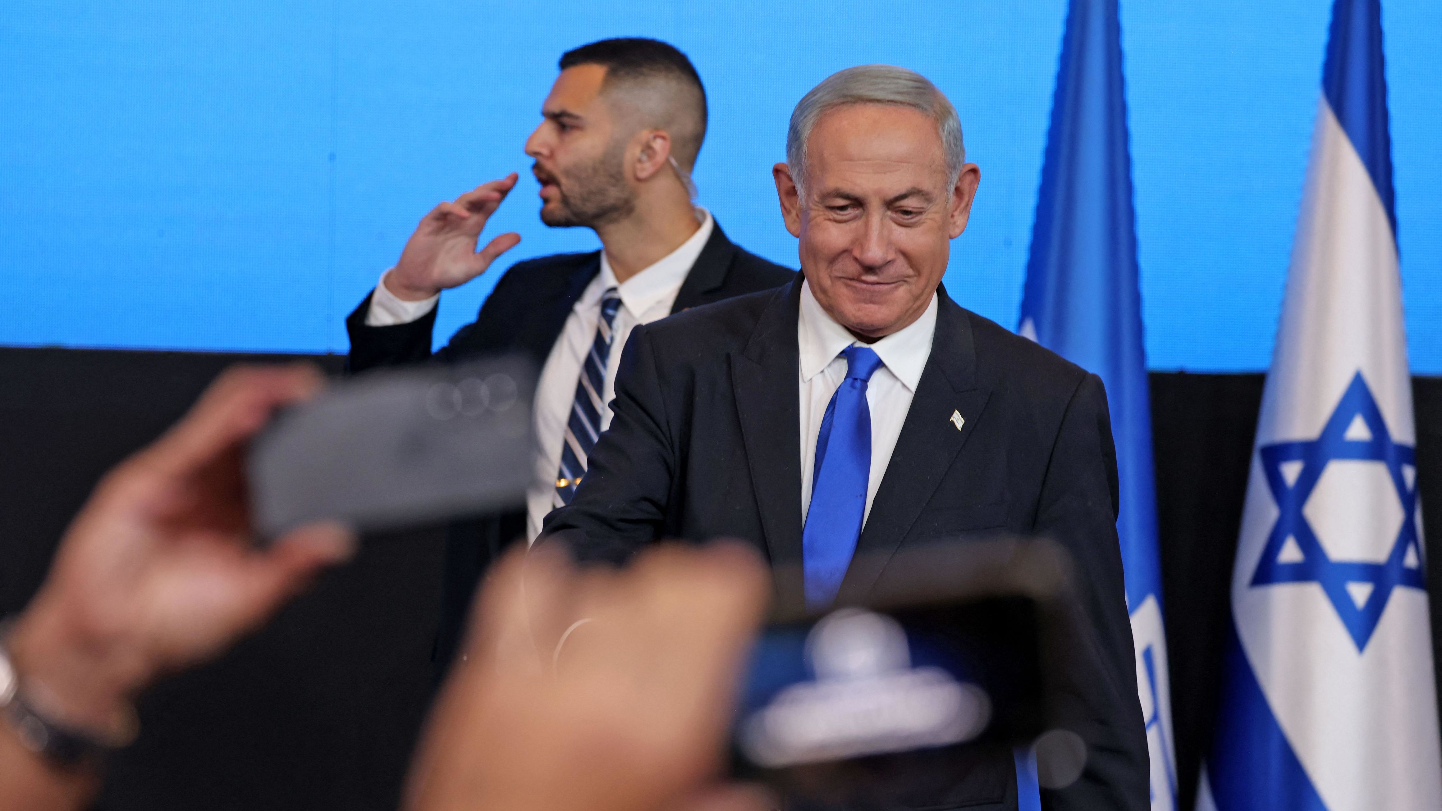 <a href="https://www.cnn.com/2021/05/31/middleeast/gallery/benjamin-netanyahu/index.html" target="_blank">Benjamin Netanyahu</a> addresses supporters at his campaign headquarters in Jerusalem on Wednesday, November 2. Israeli Prime Minister Yair Lapid called Netanyahu to congratulate him on <a href="https://www.cnn.com/2022/11/01/middleeast/israel-election-intl" target="_blank">winning Israel's elections</a>, the prime minister's office announced Thursday, just under 48 hours after polls closed.