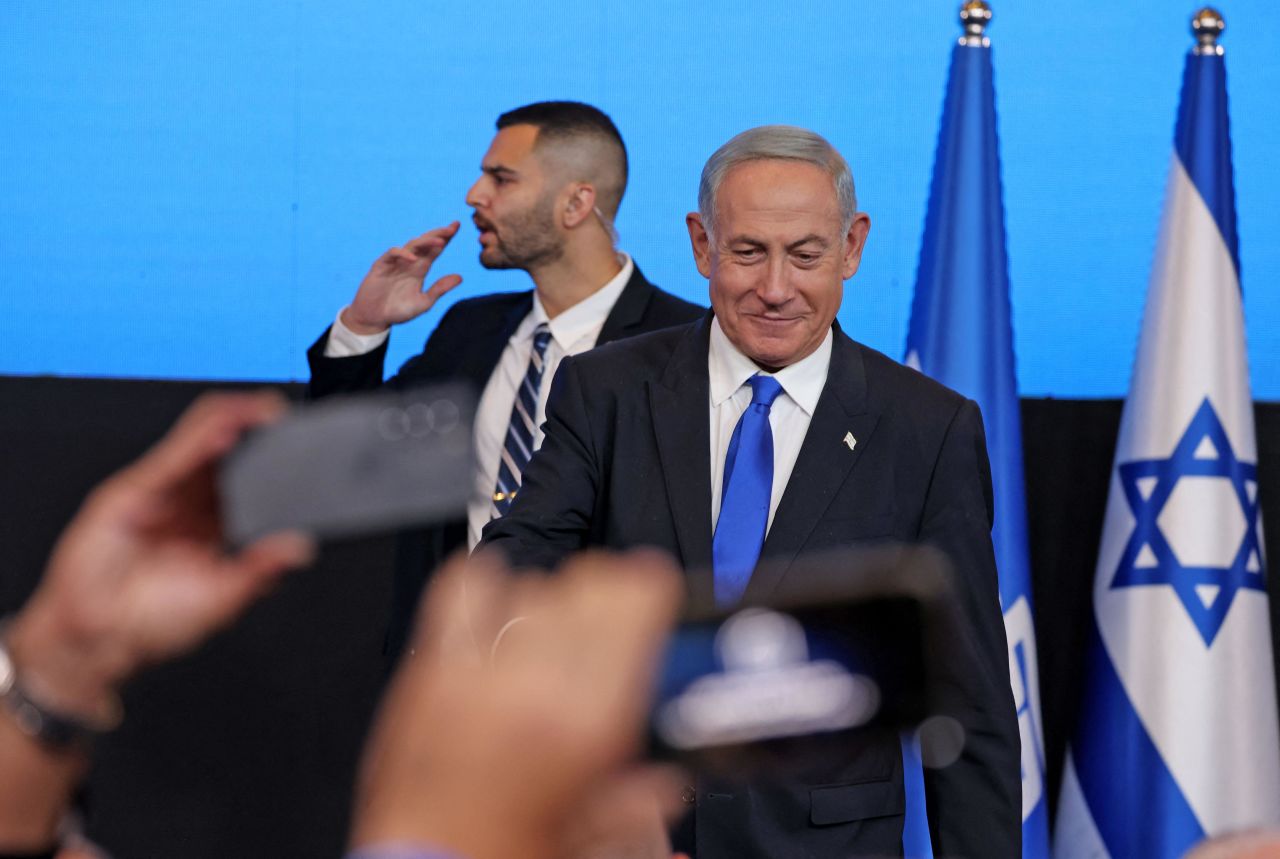 Benjamin Netanyahu addresses supporters at his campaign headquarters in Jerusalem on Wednesday, November 2. Israeli Prime Minister Yair Lapid called Netanyahu to congratulate him on winning Israel's elections, the prime minister's office announced Thursday, just under 48 hours after polls closed.