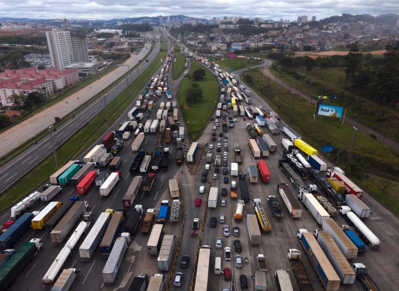 <a href="https://www.cnn.com/2022/11/01/americas/bolsonaro-brazil-elections-protests-intl-latam/index.html" target="_blank">Protestors block a highway</a> on the outskirts of Sao Paulo, Brazil, on Tuesday, November 1, following Brazilian President Jair Bolsonaro's election loss to the leftist former leader <a href="https://www.cnn.com/2022/10/30/world/gallery/lula-career-life" target="_blank">Luiz Inacio Lula da Silva</a>.