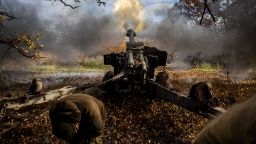 Ukrainian artillerymen fire a 152 mm towed gun-howitzer (D20) at a position on the front line near the town of Bakhmut, in eastern Ukraine's Donetsk region, on October 31, 2022, amid Russian invasion of Ukraine.