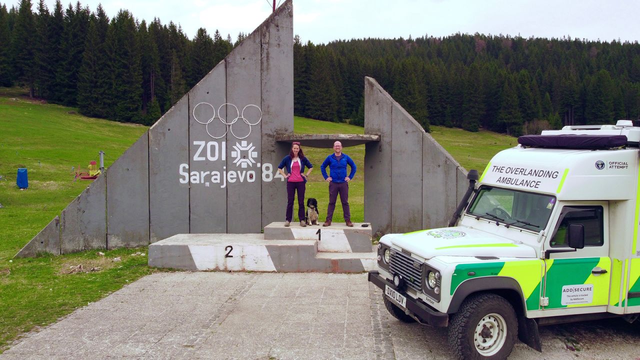 <strong>Sightseeing fun: </strong>Dodi and Nixon on the podium at the abandoned Igman Olympic ski jumps just outside Sarajevo, Bosnia in May 2022.