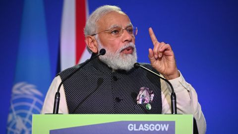 India's Prime Minister Narendra Modi speaks at the World Leaders' Summit "Accelerating Clean Technology Innovation and Deployment" session at the COP26 Climate Conference at the Scottish Event Campus in Glasgow, Scotland on November 2, 2021.