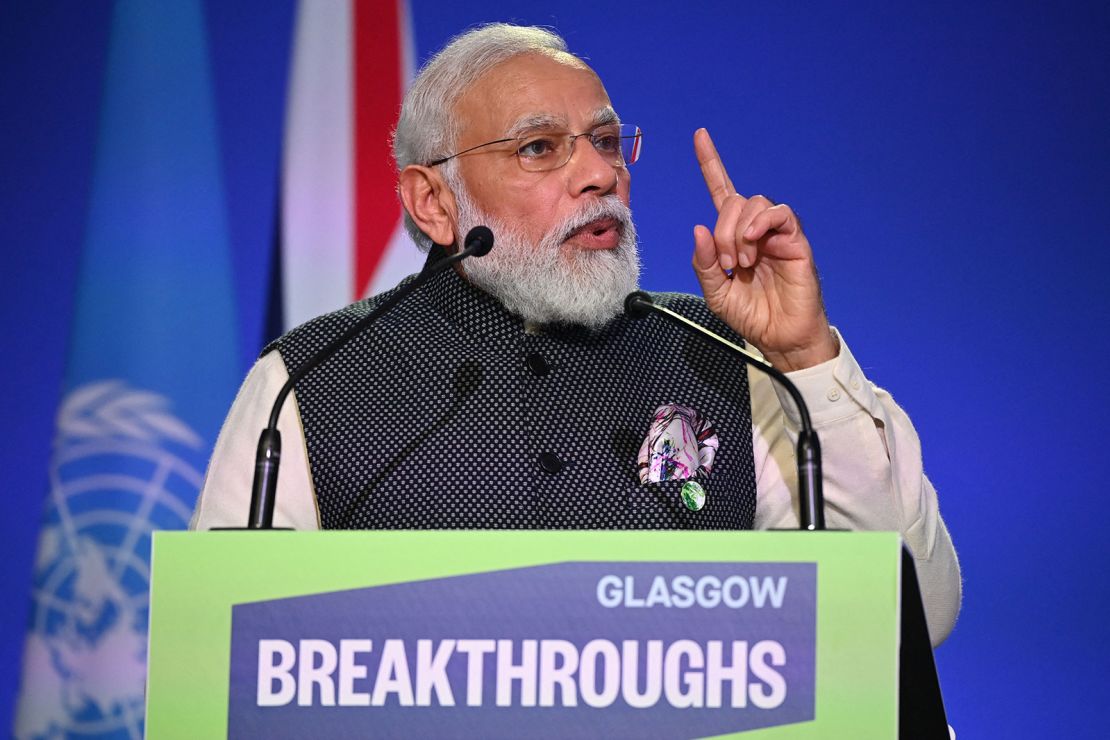 India's Prime Minister Narendra Modi speaks at the World Leaders' Summit "Accelerating Clean Technology Innovation and Deployment" session at the COP26 Climate Conference at the Scottish Event Campus in Glasgow, Scotland on November 2, 2021.