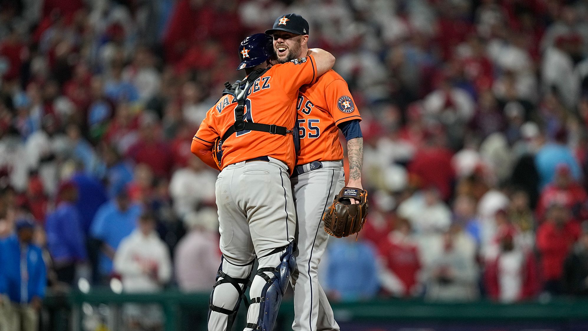 Houston Astros relief pitcher Ryan Pressly and catcher Christian Vazquez celebrate their win over the Philadelphia Phillies in Game 4 of <a href="https://www.cnn.com/2022/10/28/sport/gallery/world-series-2022" target="_blank">the World Series</a> on Wednesday, November 2, in Philadelphia. For just the second time in World Series history, <a href="https://www.cnn.com/2022/11/02/sport/astros-phillies-no-hitter-game-4-world-series-spt/index.html" target="_blank">a no-hitter was thrown</a>. The Astros won 5-0 and tie the series at 2-2.
