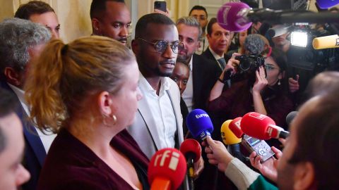 MP NUPES Carlos Martens Bilongo speaks to the journalist at the exit of questions to the government at the National Assembly in Paris, France on November 3, 2022.