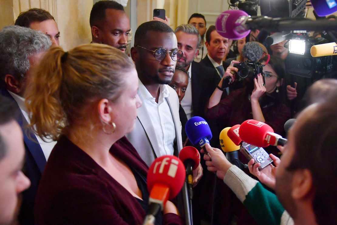 (MP NUPES) Carlos Martens Bilongo answers journalists' questions at the National Assembly in Paris, France, on November 3, 2022.