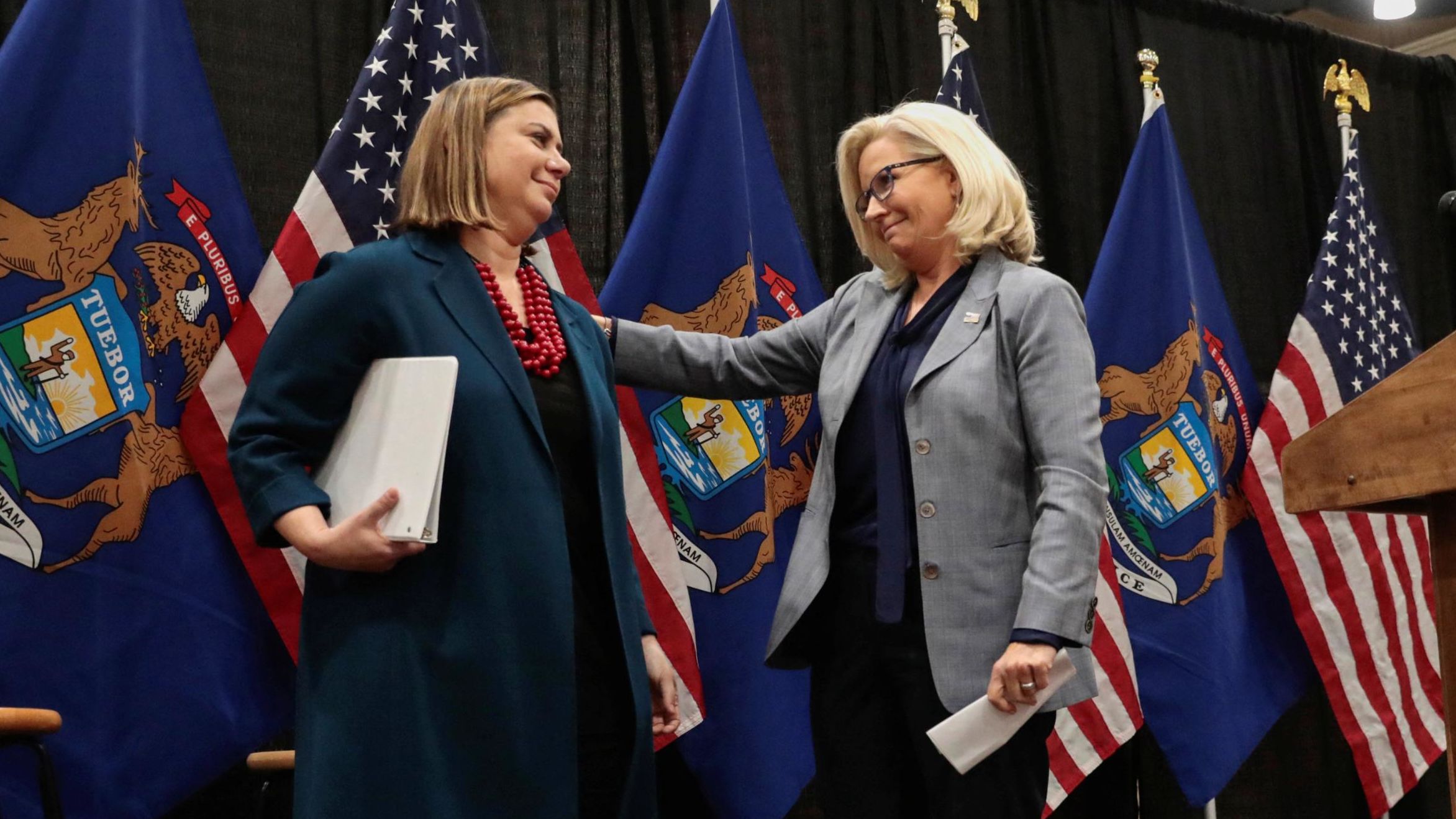 Republican Rep. Liz Cheney of Wyoming, right, <a href="https://www.cnn.com/2022/11/01/politics/liz-cheney-elissa-slotkin-2022-midterms" target="_blank">endorses Democratic Rep. Elissa Slotkin</a> of Michigan on Tuesday, November 1, in Lansing, Michigan. Cheney lost her primary race to a challenger backed by former US President Donald Trump after becoming one of his most vocal critics within the Republican Party. "If we want to ensure the survival of the republic, we have to walk away from politics as usual," Cheney said Tuesday. "We have to stand up — every one of us — and say we're going to do what's right for this country and we're going to look beyond partisan politics."
